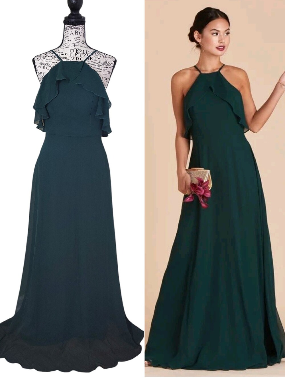 Birdy Grey Jules Emerald Green Chiffon Halter Bridesmaid Maxi Dress Small
